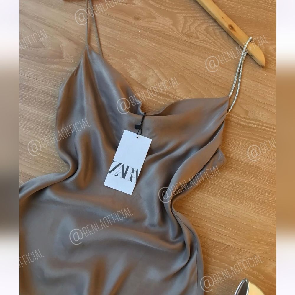 ZARA Silky Satin Taupe Cowl Neck Mini Slip Dress Rhinestone Strap Fit&Flare